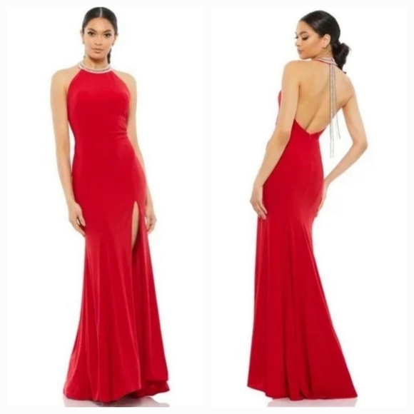IEENA for Mac Duggal Women's Red Halter Beaded Jersey Evening Gown Size 12 - Picture 2 of 16